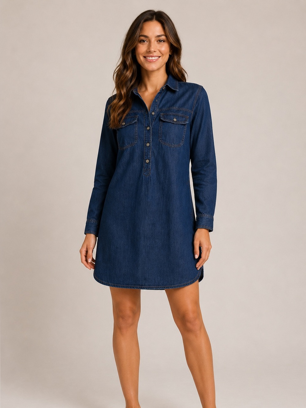 Old Navy Dark Wash Chambray Cotton Shirt Dress Snap Front Pockets Size S